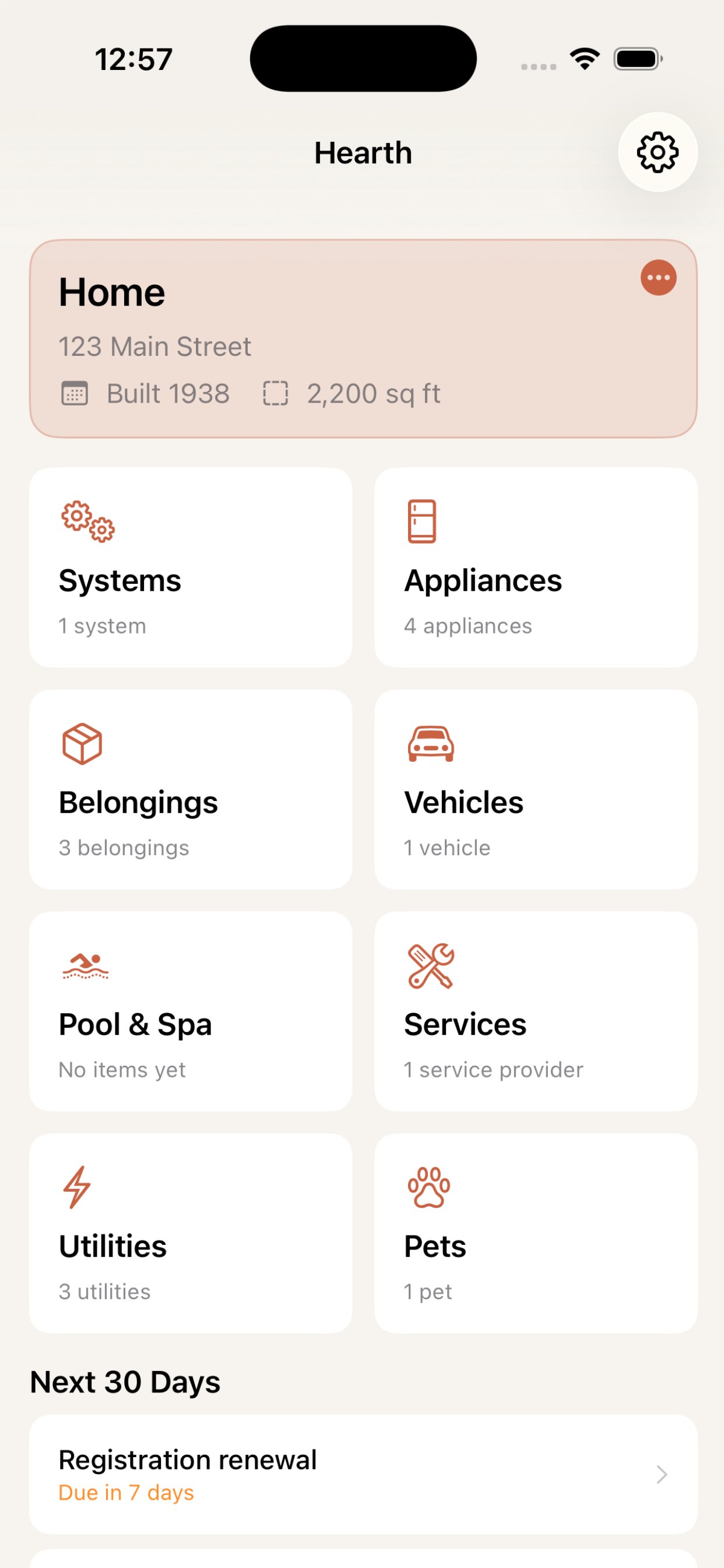 Hearth — home screen